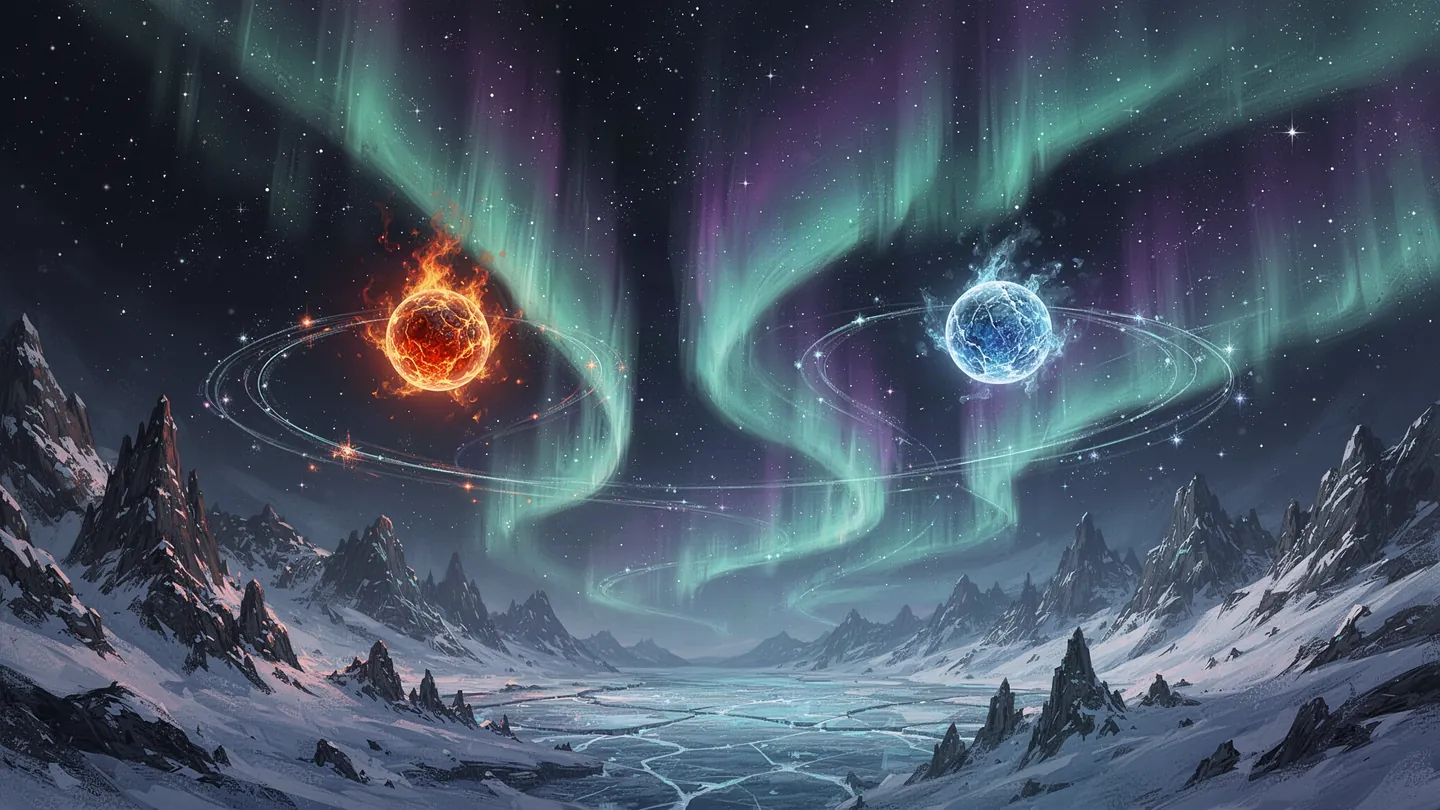 Rhythm Orbits key art: a fire orb and an ice orb orbiting under an aurora